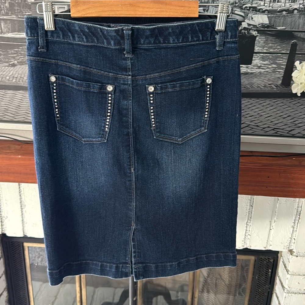Style & Co. Women Denim Pencil Skirt Bling Rhinestones Stretch Dark Blue Size 6